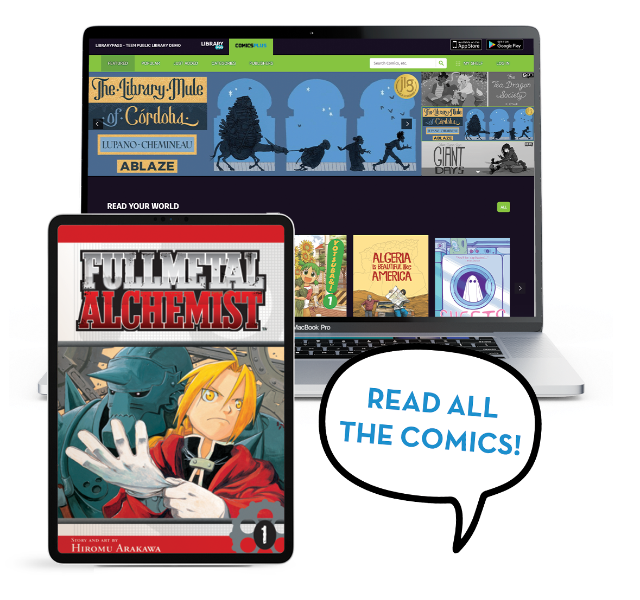 afbeelding van Comics Plus op laptop, tablet en telefoon